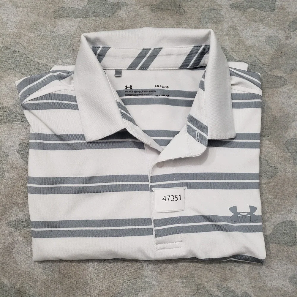 Under Armour Polo Shirt Mens Large Gray Heather‎ Loose Short Sleeve Striped